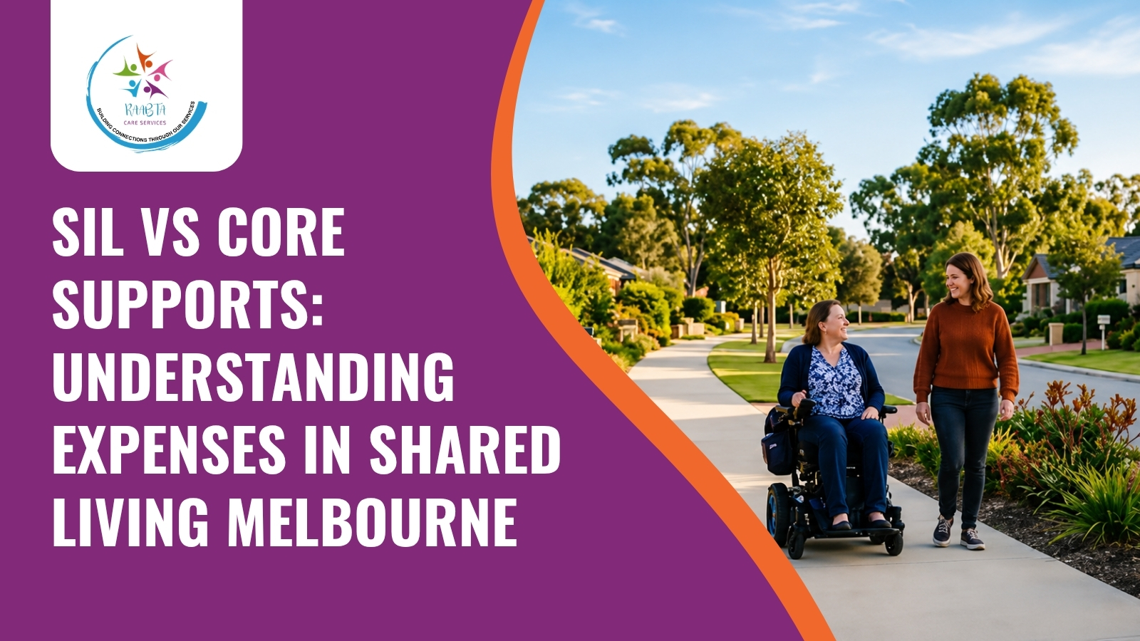 Woman in power wheelchair walking with support worker in Melbourne neighborhood